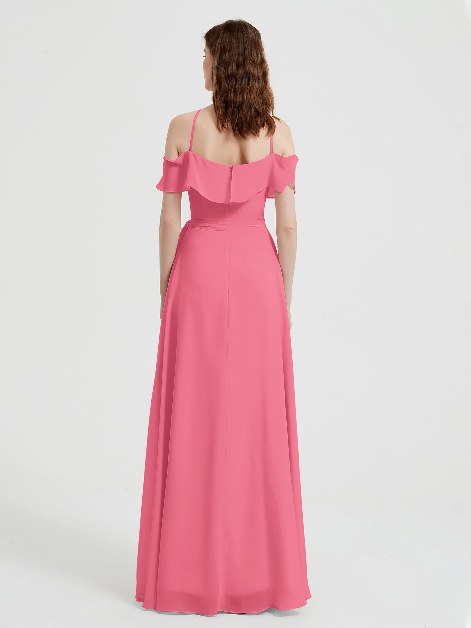 Y Neck Chiffon Dress with Ruffles Sleeves Watermelon